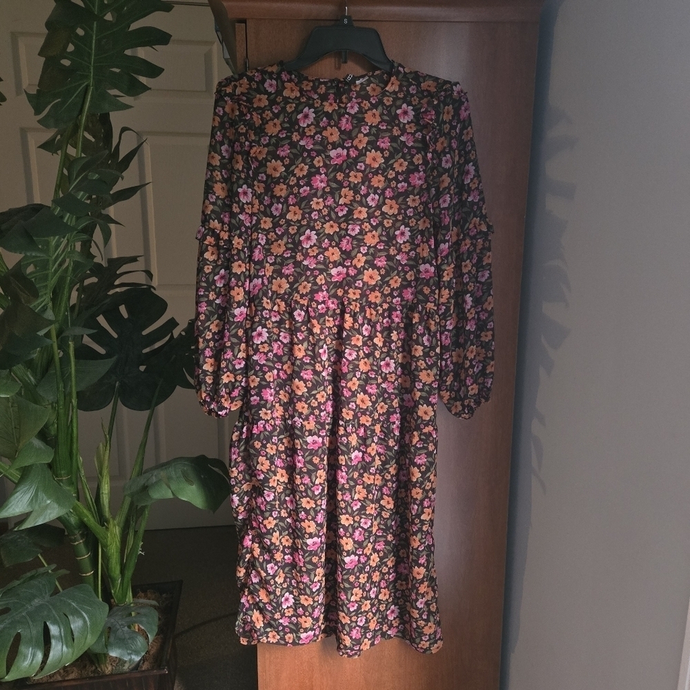 Divided Sheer Black Dress With Orange And Purple Floral Patter Womens Xs